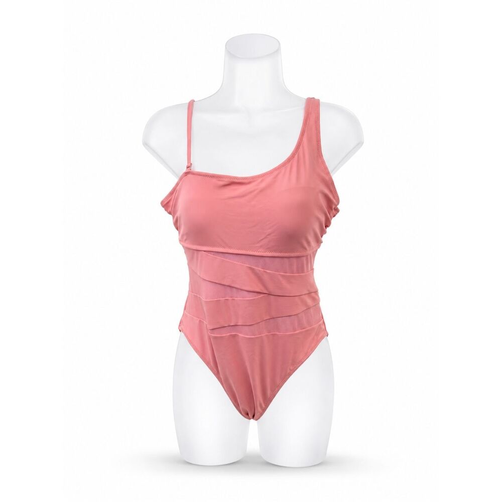 Pink Lily One Shoulder Mesh Panel One Piece Swimsuit Size Large Pink
